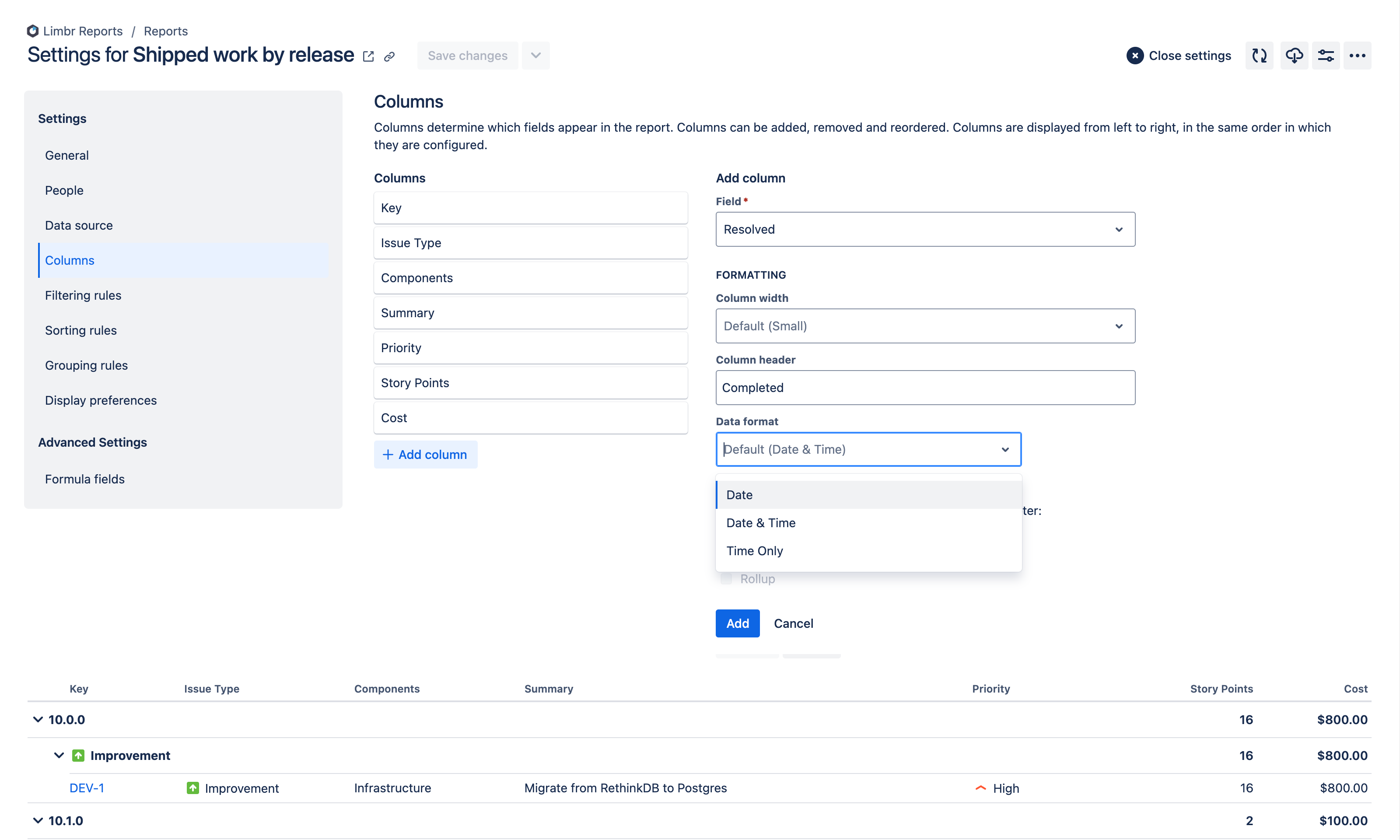 Limbr Reports formatting