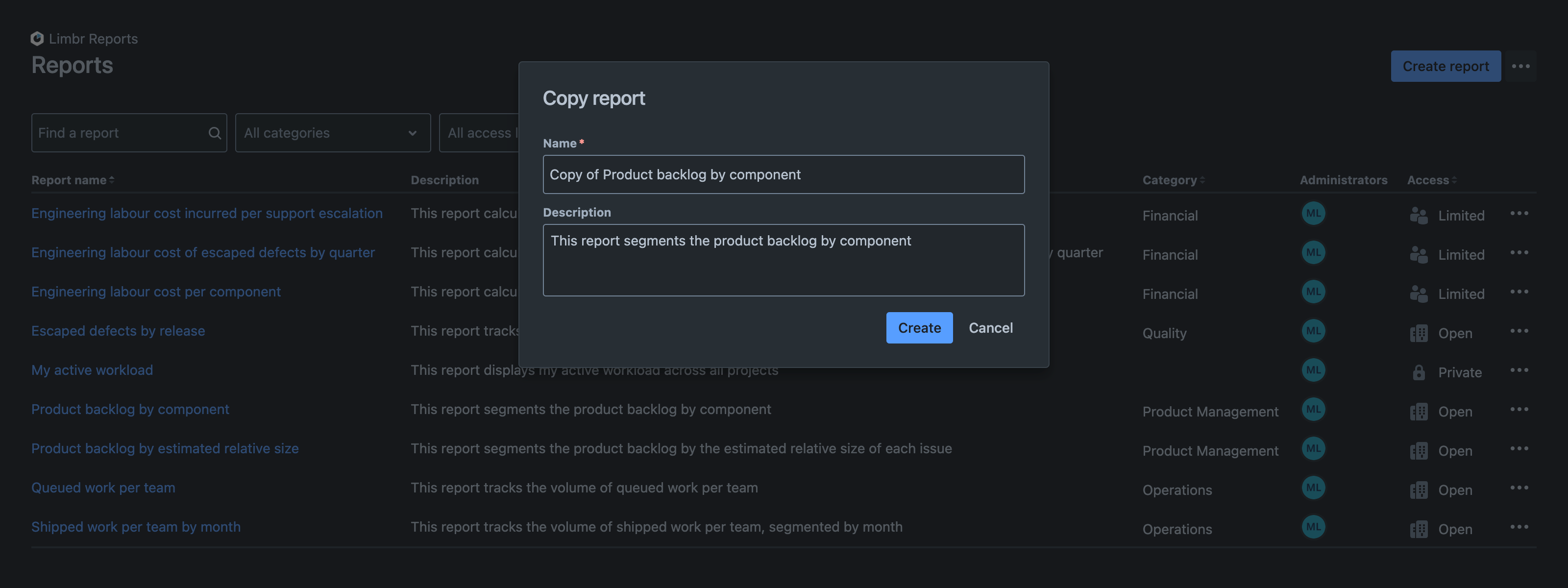 Copy report dialog with 'Name' and 'Description' fields prepopulated from the source report