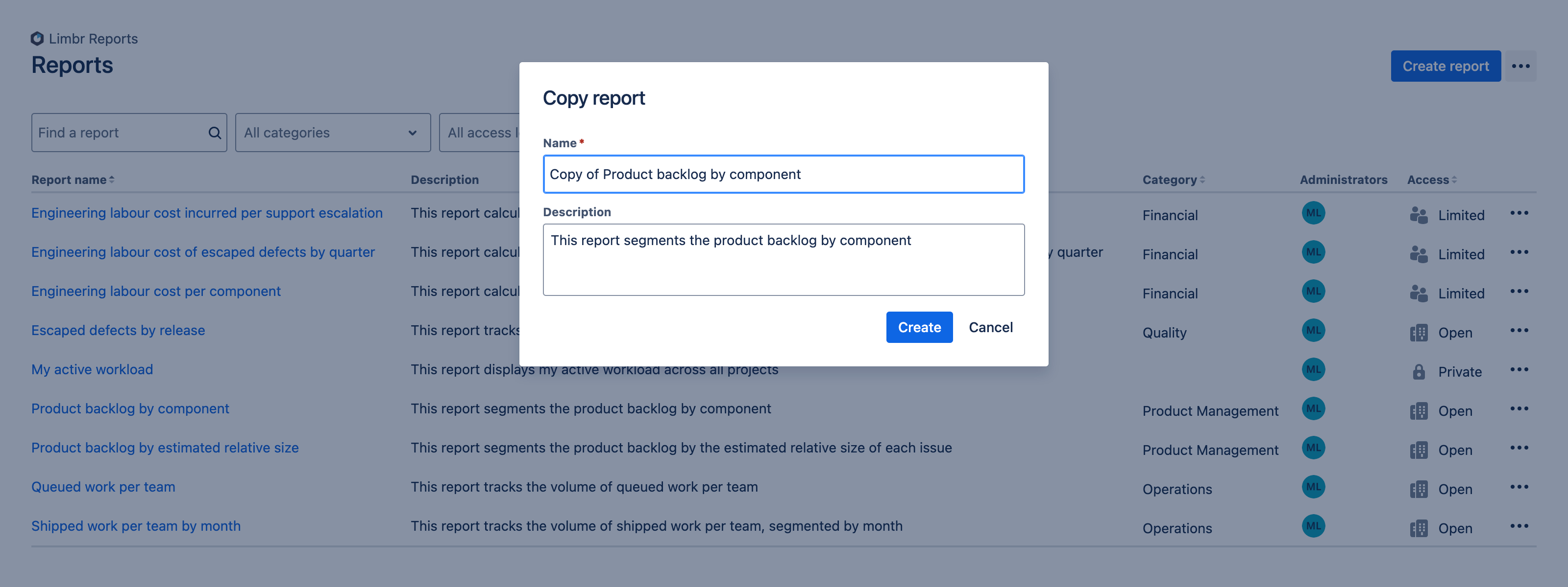 Copy report dialog with 'Name' and 'Description' fields prepopulated from the source report