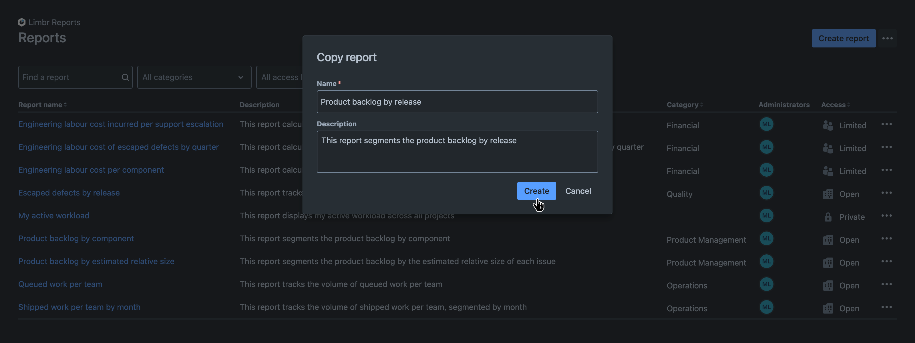 Copy report dialog with all fields populated and the 'Create' button hovered