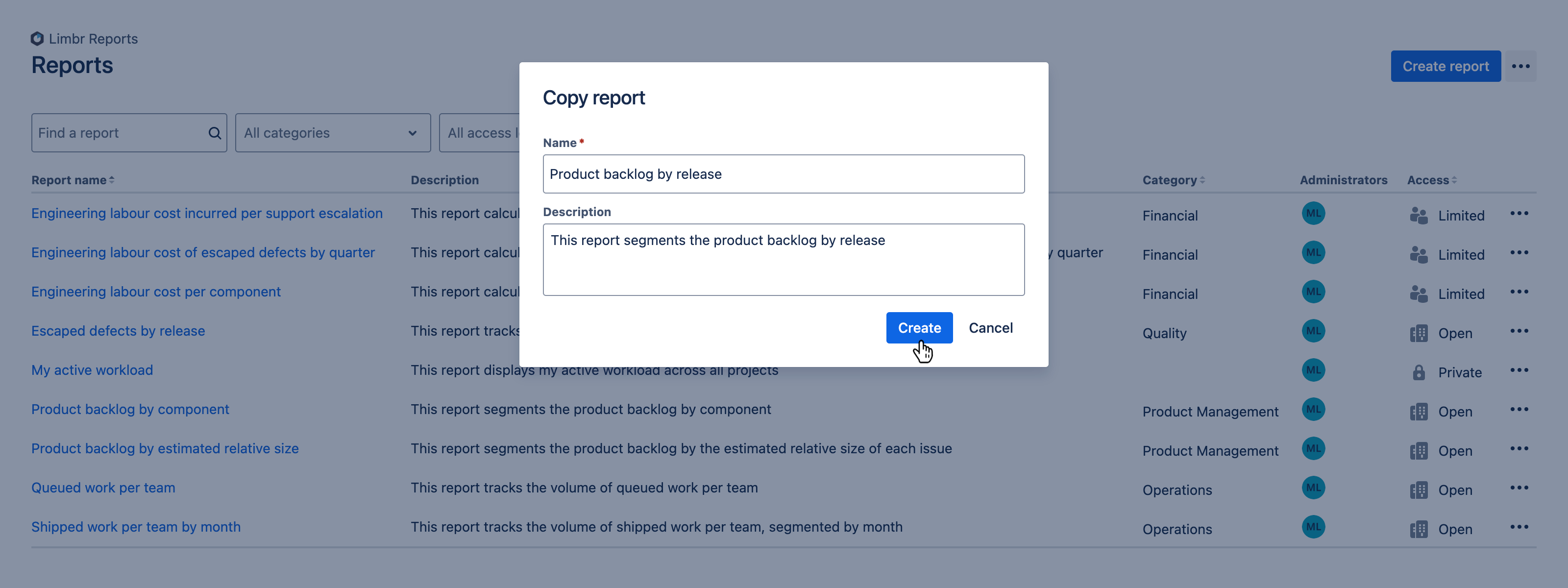 Copy report dialog with all fields populated and the 'Create' button hovered