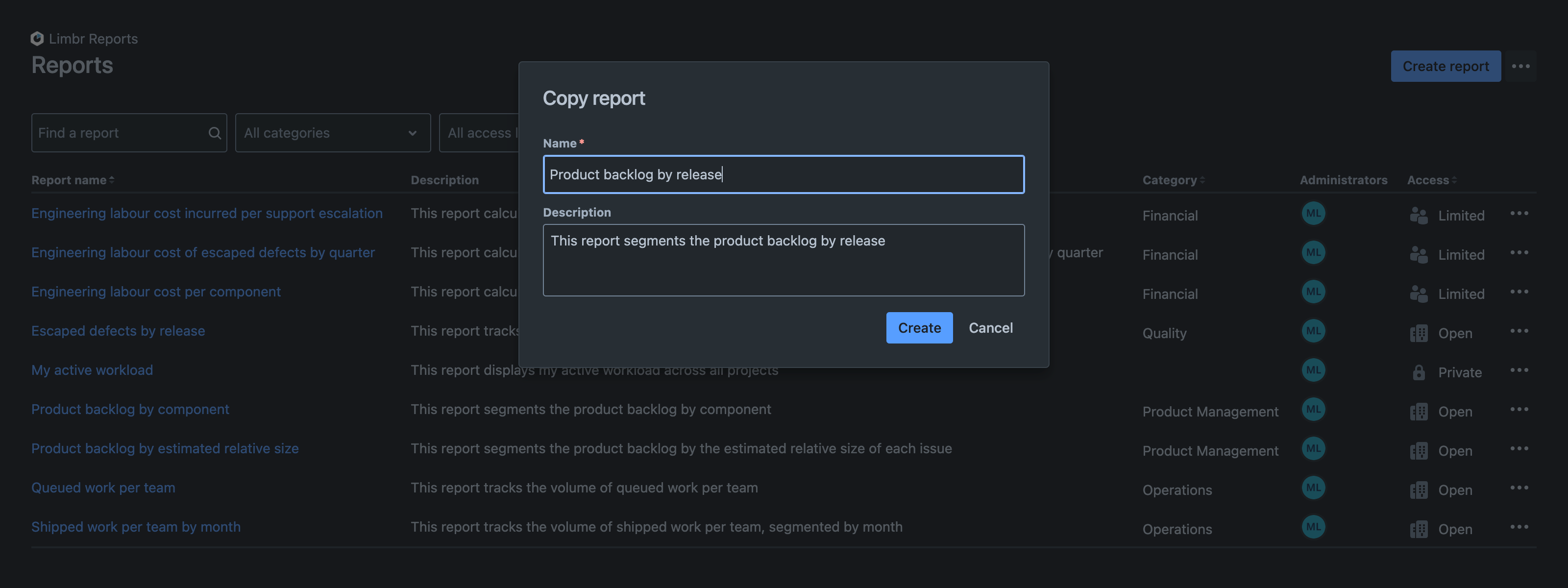 Copy report dialog with 'Name' and 'Description' fields edited