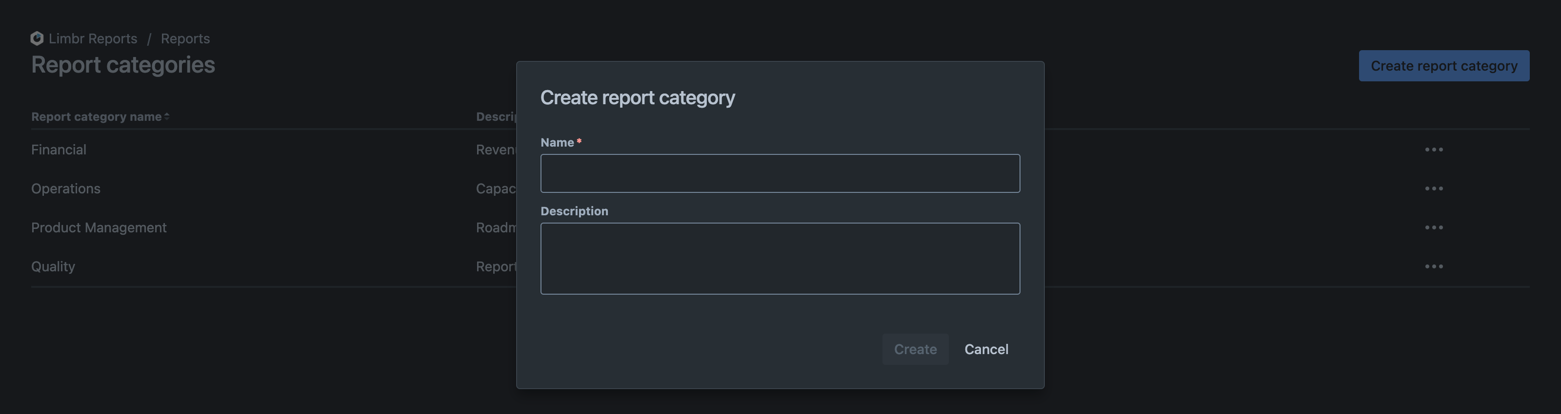 Create report category dialog with empty form fields