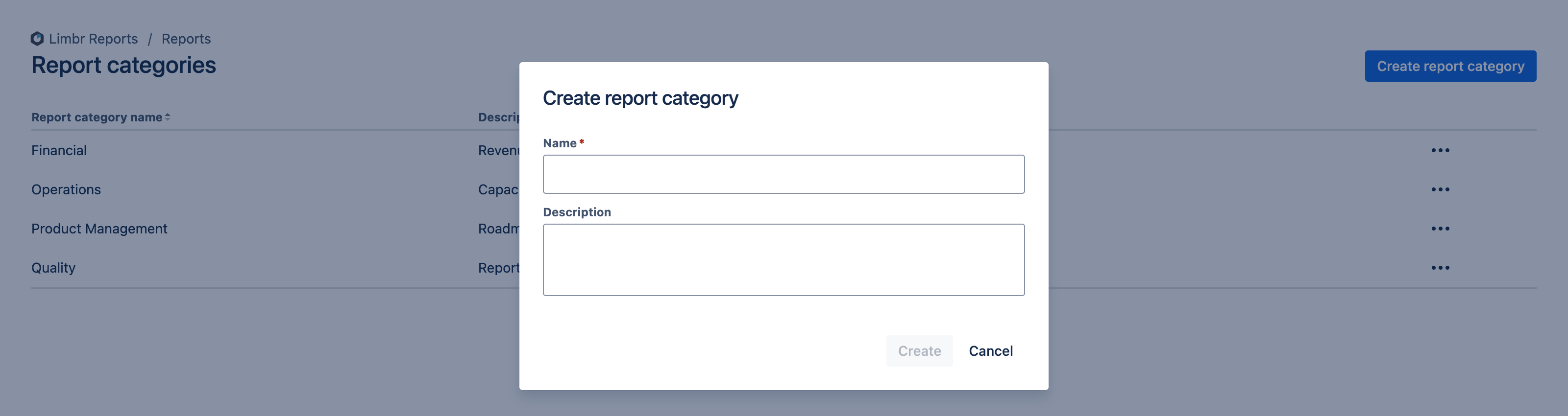 Create report category dialog with empty form fields