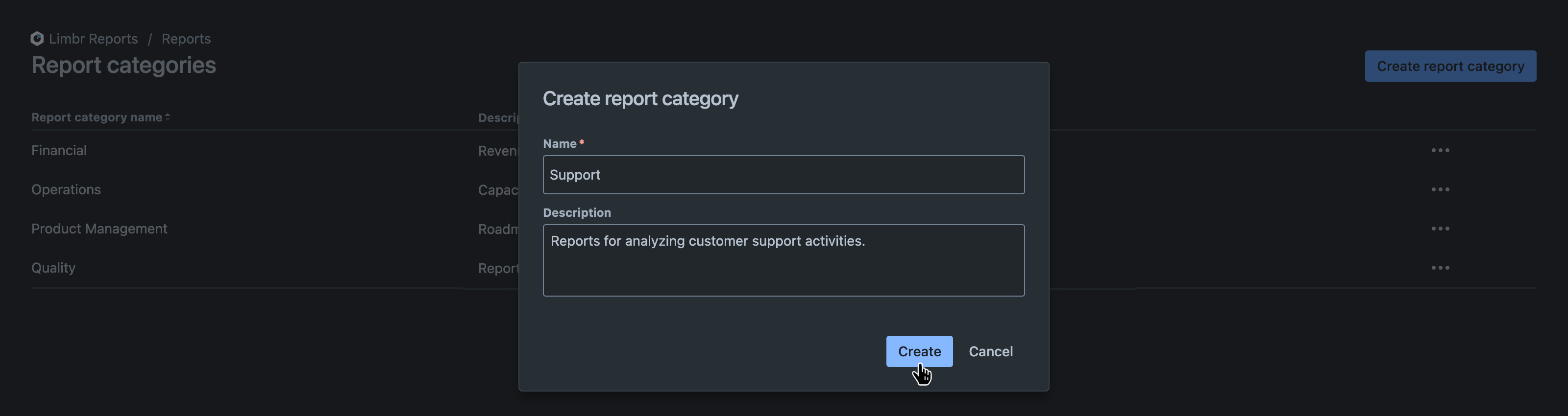 Create report category dialog with all fields populated and the 'Create' button hovered