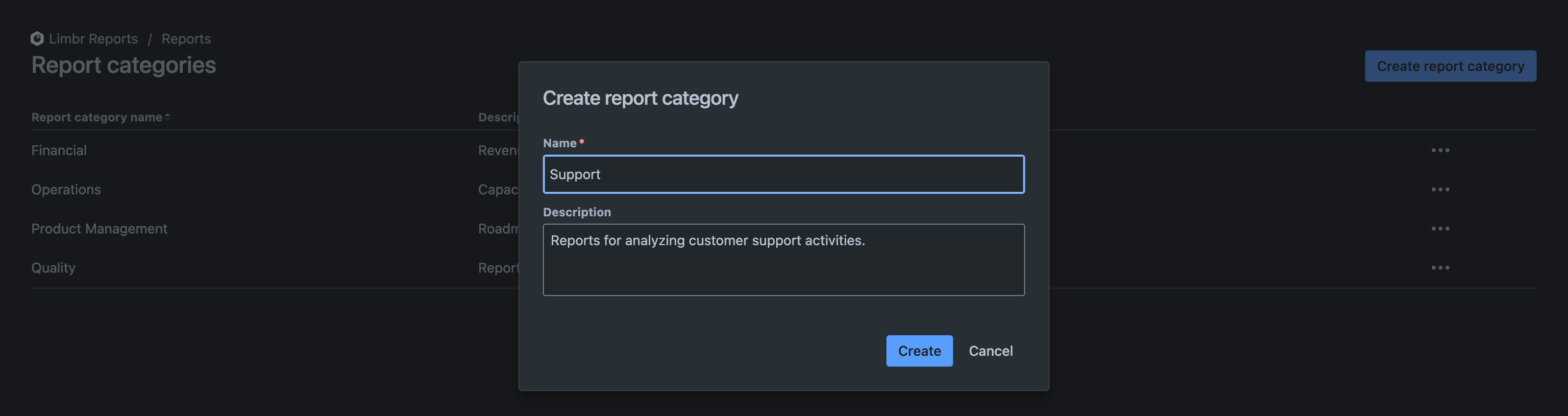 Create report category dialog with category name and description fields populated