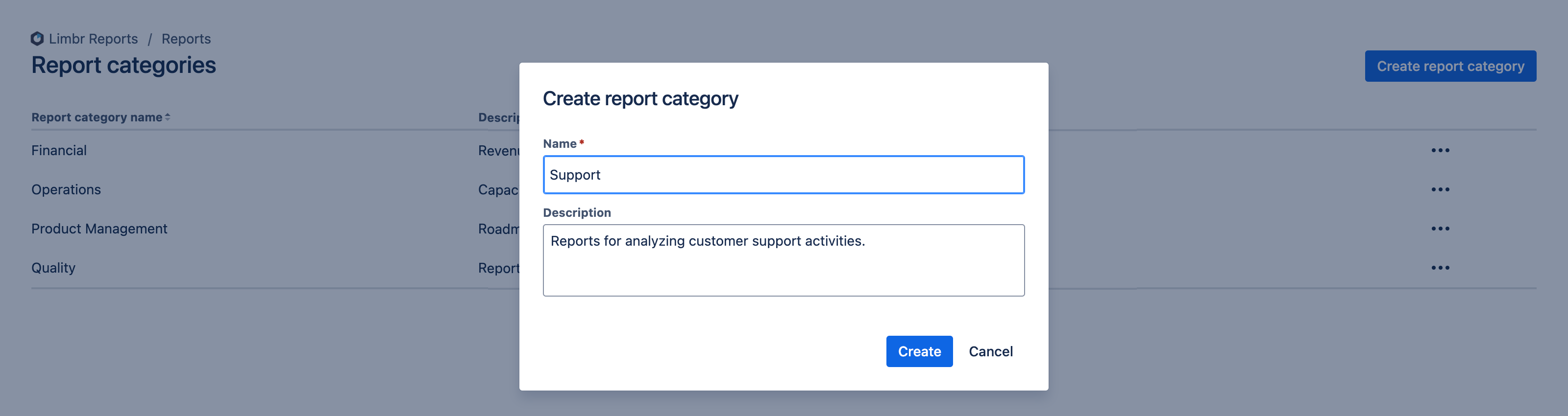 Create report category dialog with category name and description fields populated