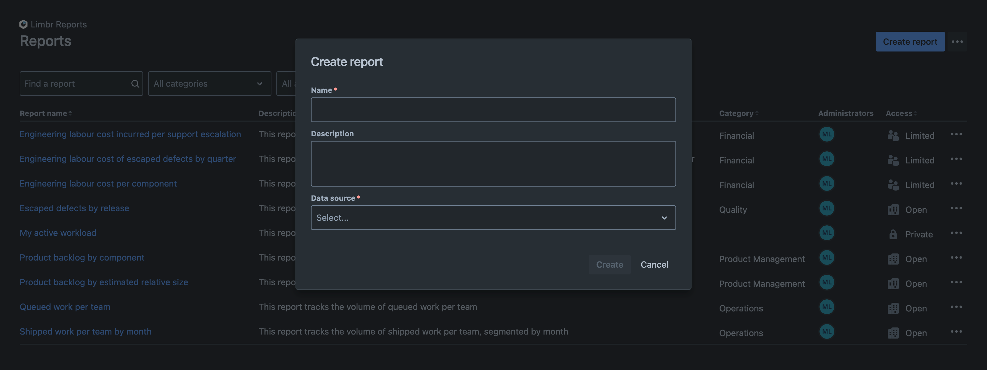 Create report dialog with empty form fields