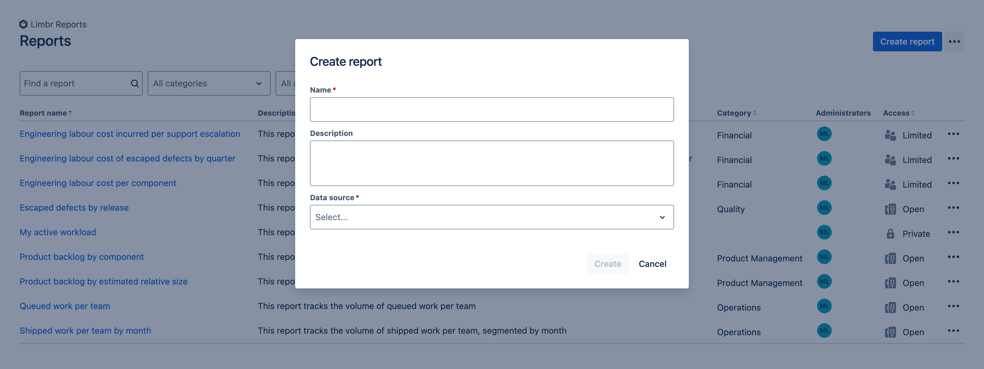 Create report dialog with empty form fields