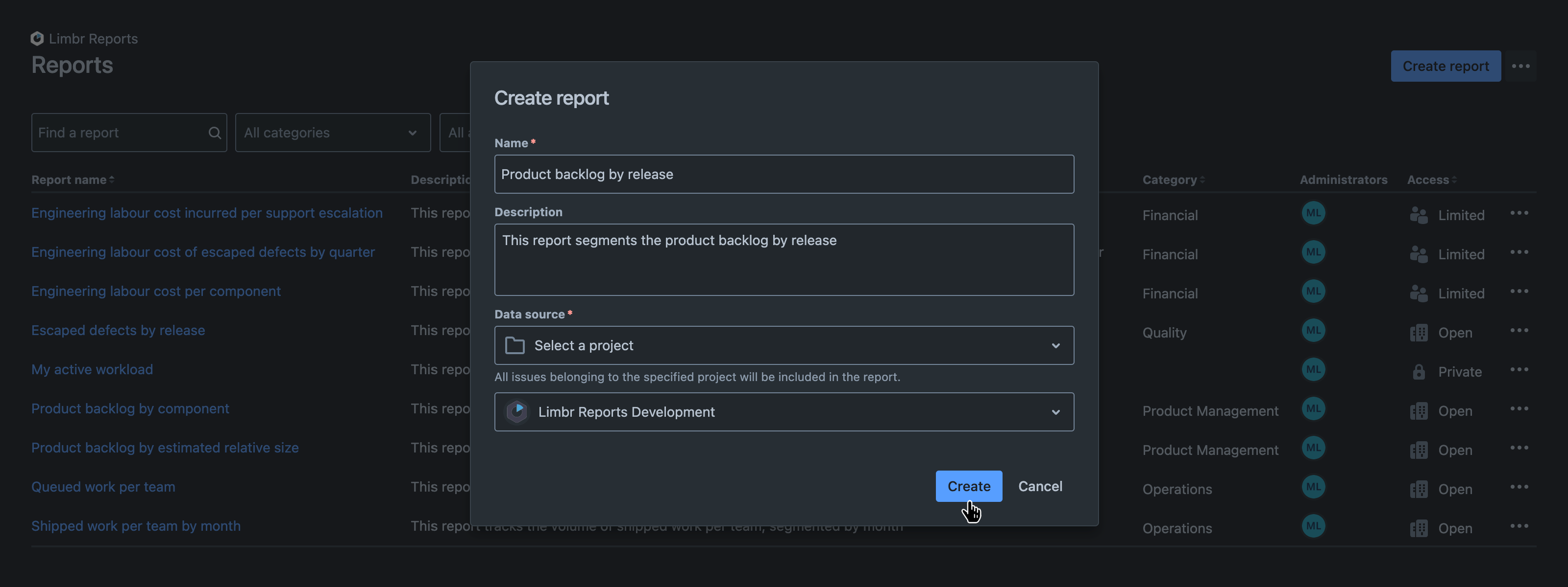 Create report dialog with all fields populated and the 'Create' button hovered