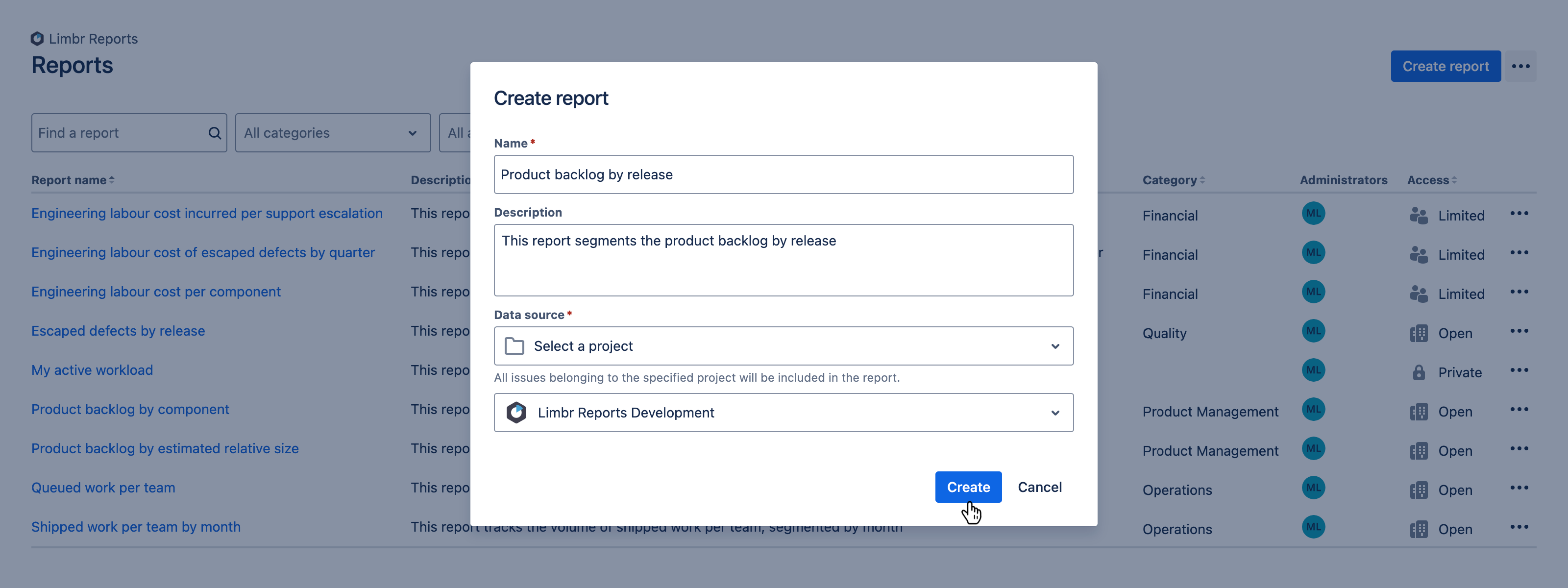 Create report dialog with all fields populated and the 'Create' button hovered