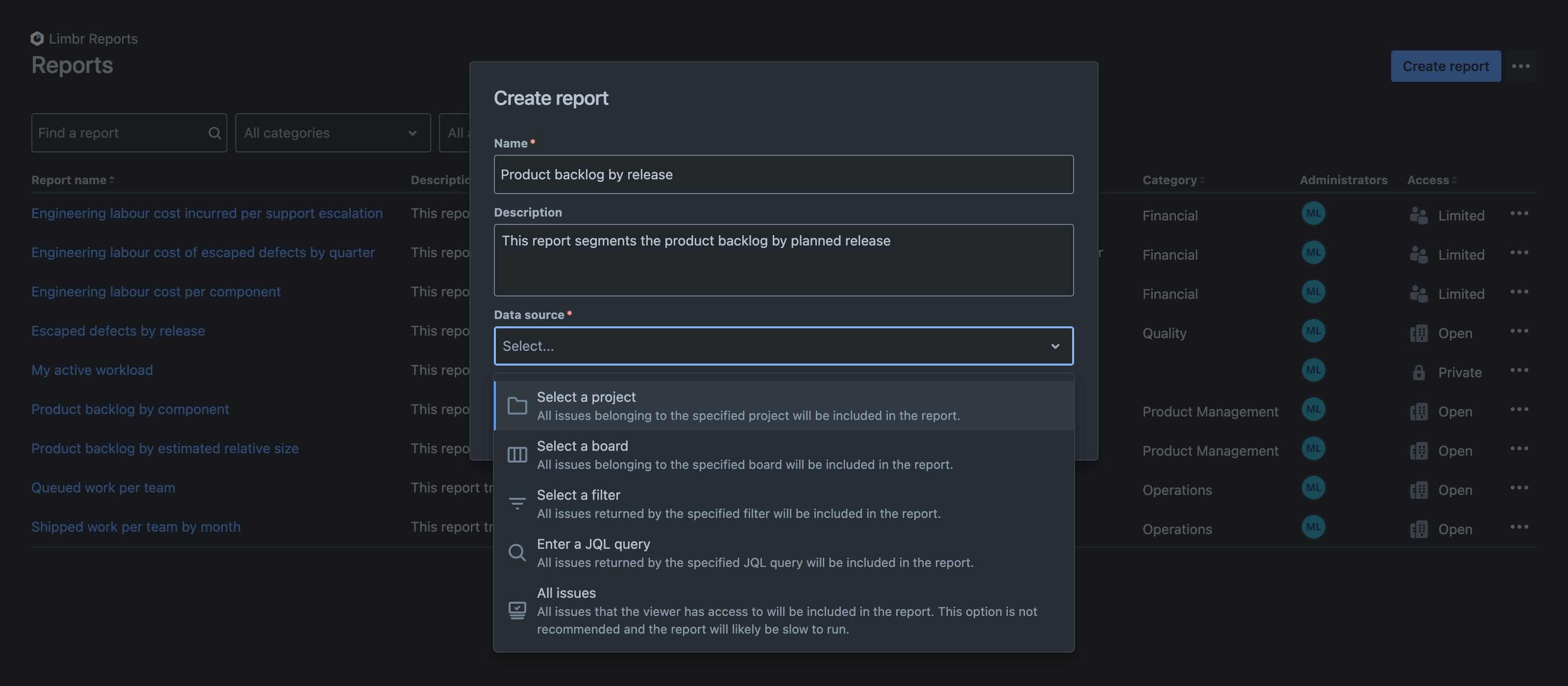 Create report dialog with data source field open