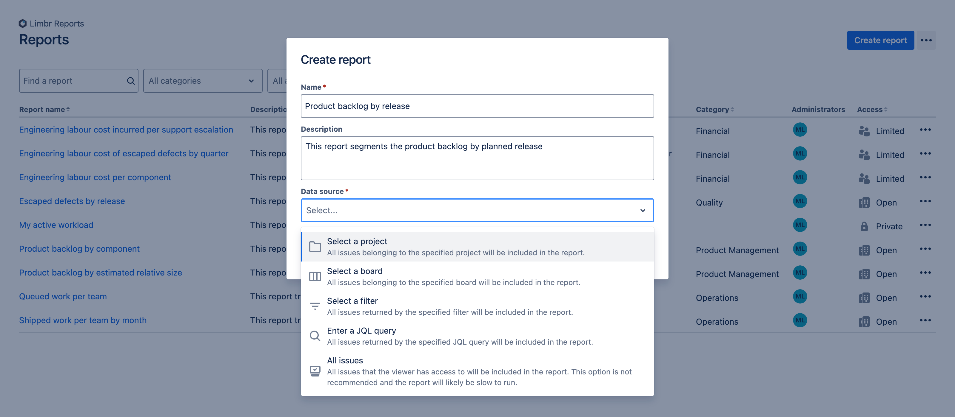 Create report dialog with data source field open