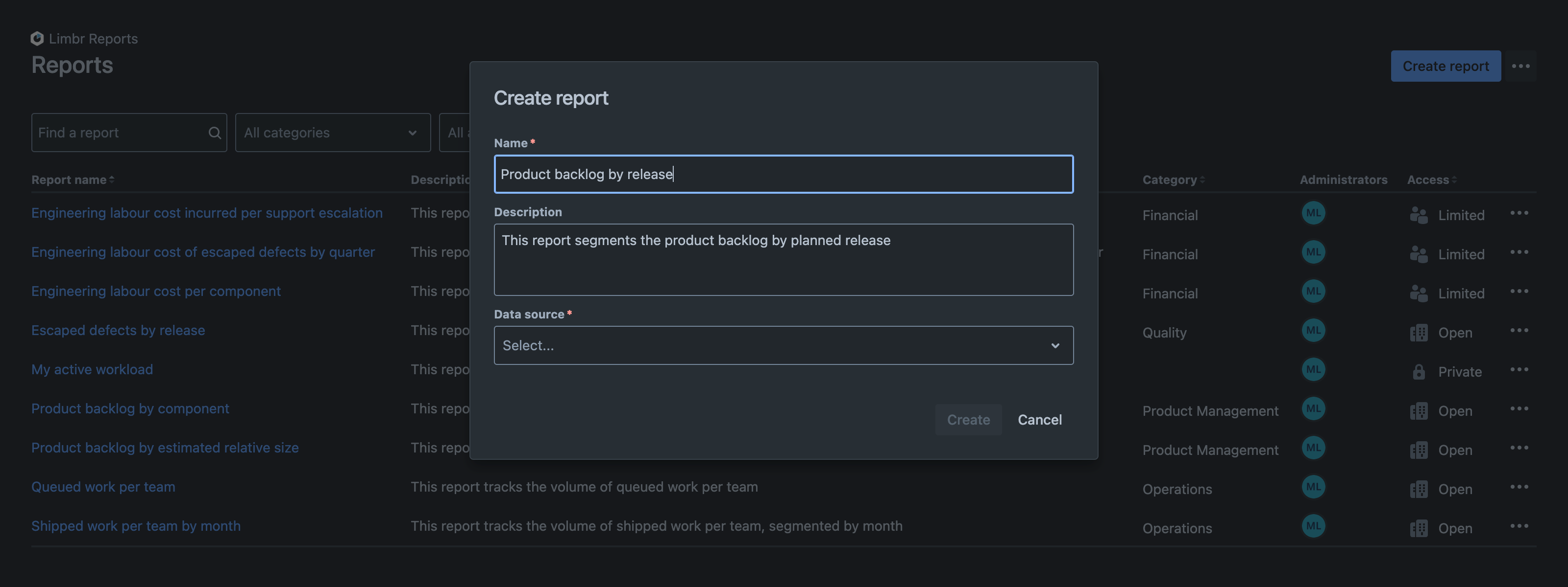 Create report dialog with report name and description fields populated