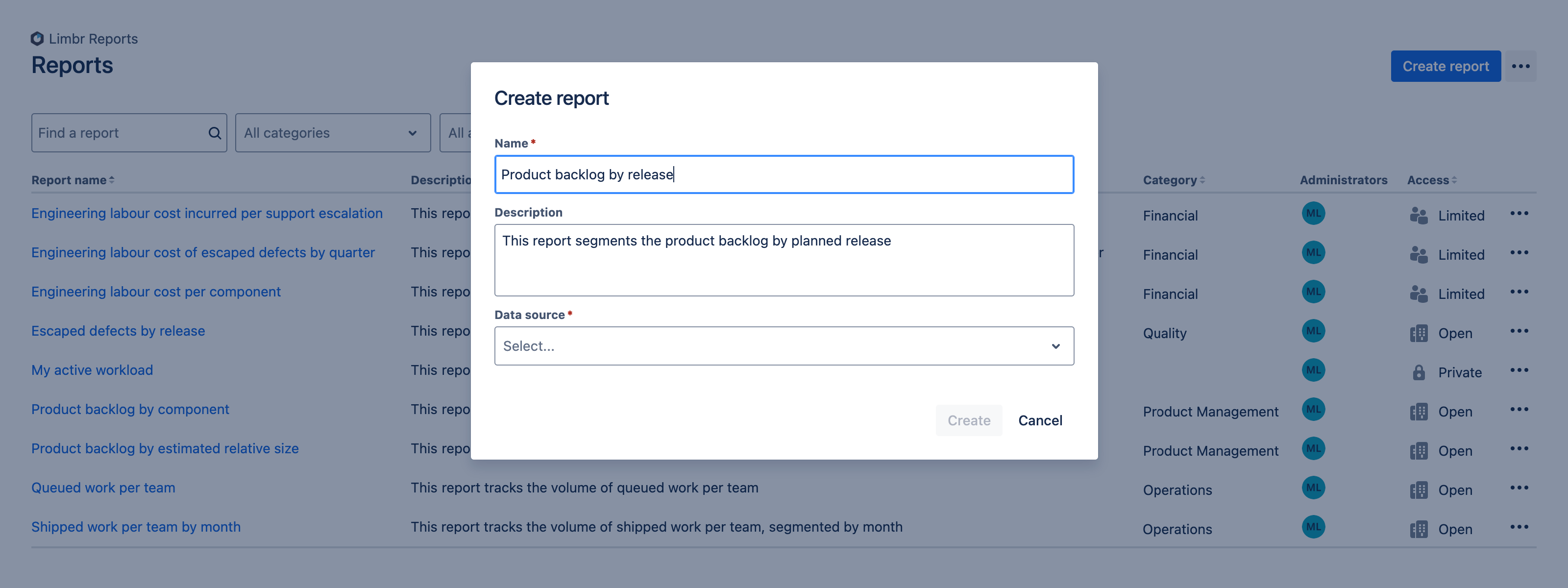 Create report dialog with report name and description fields populated