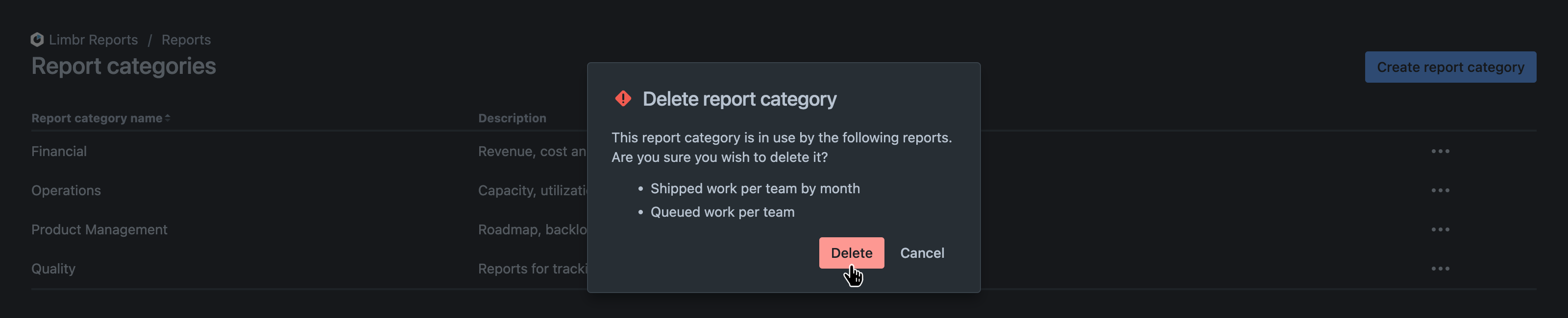 Delete report category dialog with the 'Delete' button hovered