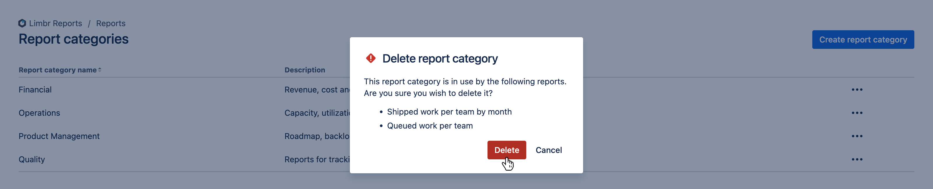 Delete report category dialog with the 'Delete' button hovered