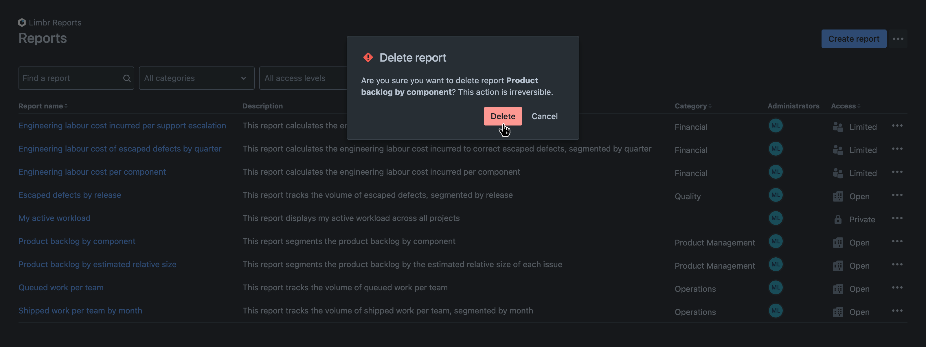 Delete report dialog with the 'Delete' button hovered