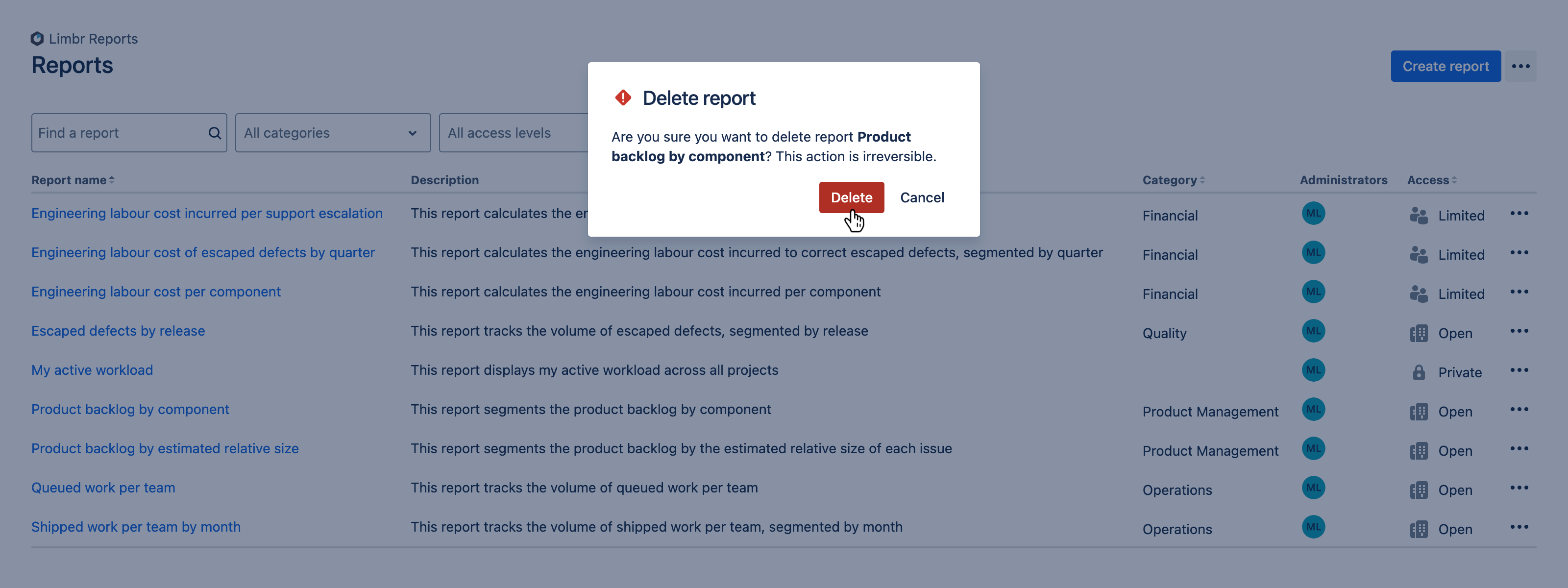 Delete report dialog with the 'Delete' button hovered