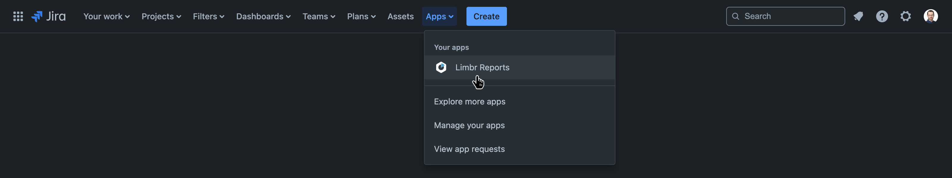 Jira primary navigation with the 'Apps' menu open and 'Limbr Reports' hovered