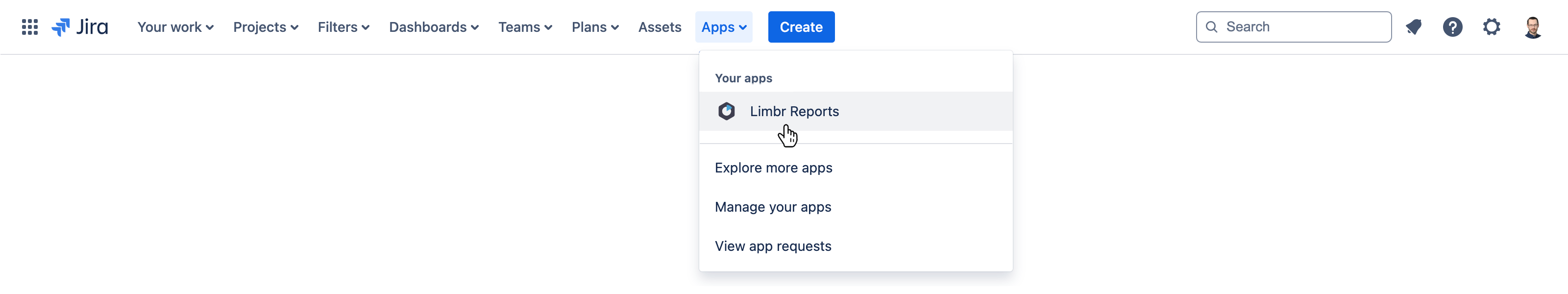 Jira primary navigation with the 'Apps' menu open and 'Limbr Reports' hovered