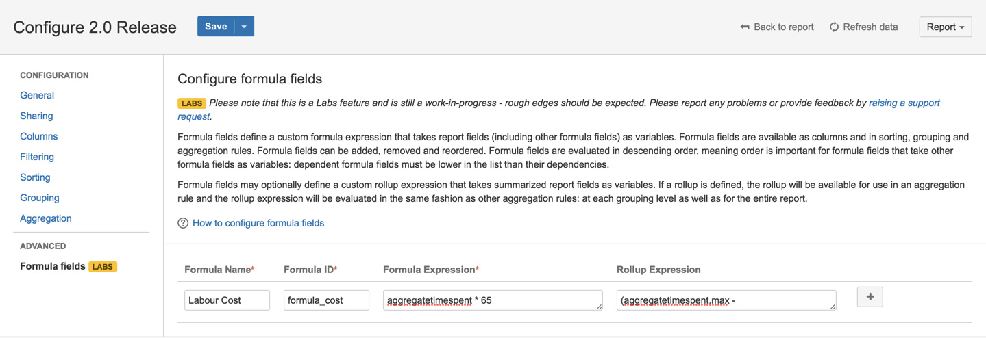 Formula fields settings