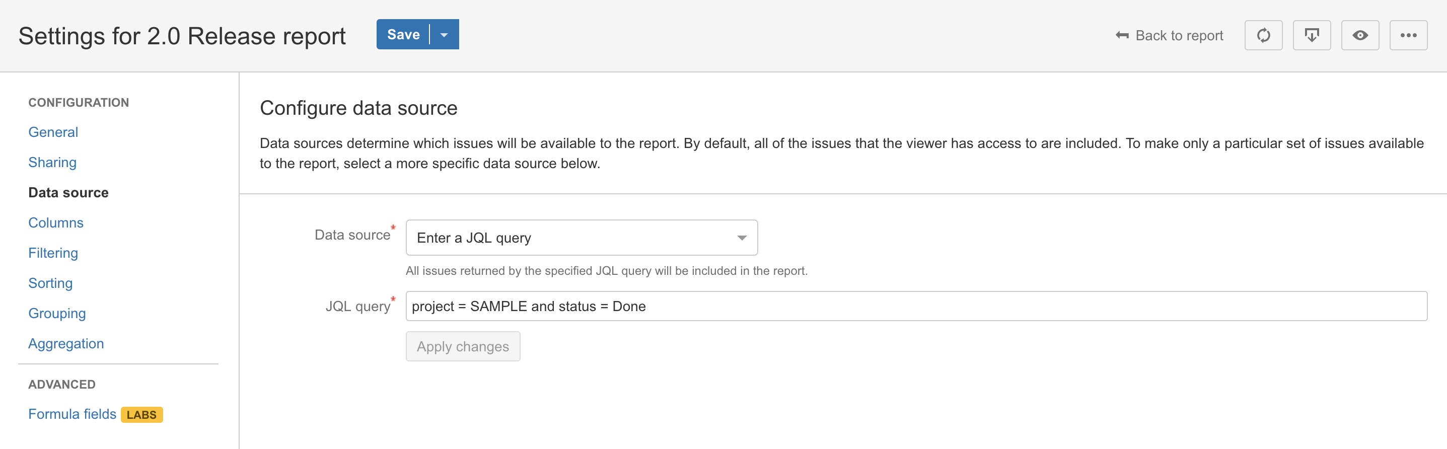 Data source settings with 'Enter a JQL query' selected and a query populated