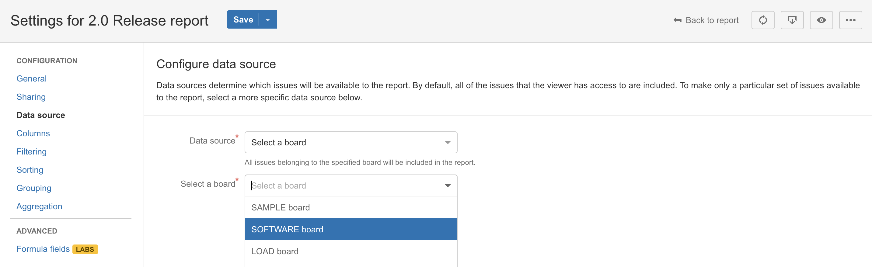 Data source settings with 'Select a board' selected and the 'Select a board' menu open with a board hovered