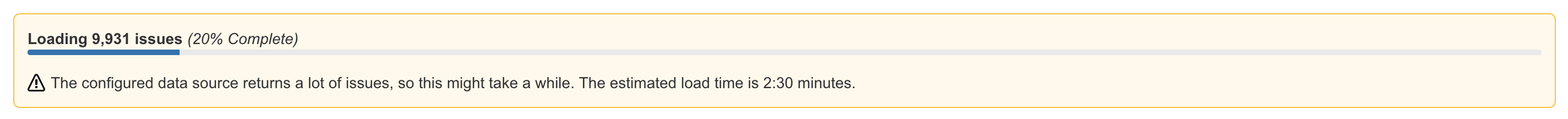 Data loading status indicator showing 20% completion and a warning about the estimated load time