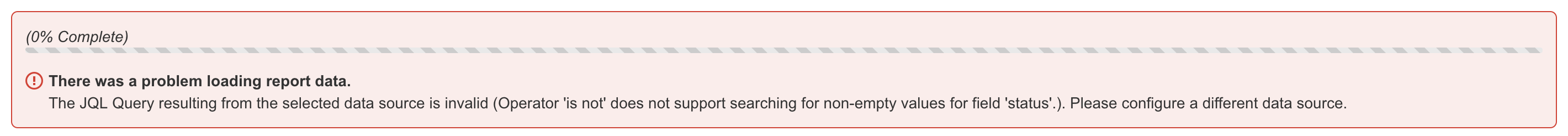 Data loading status indicator showing 0% completion and an error message