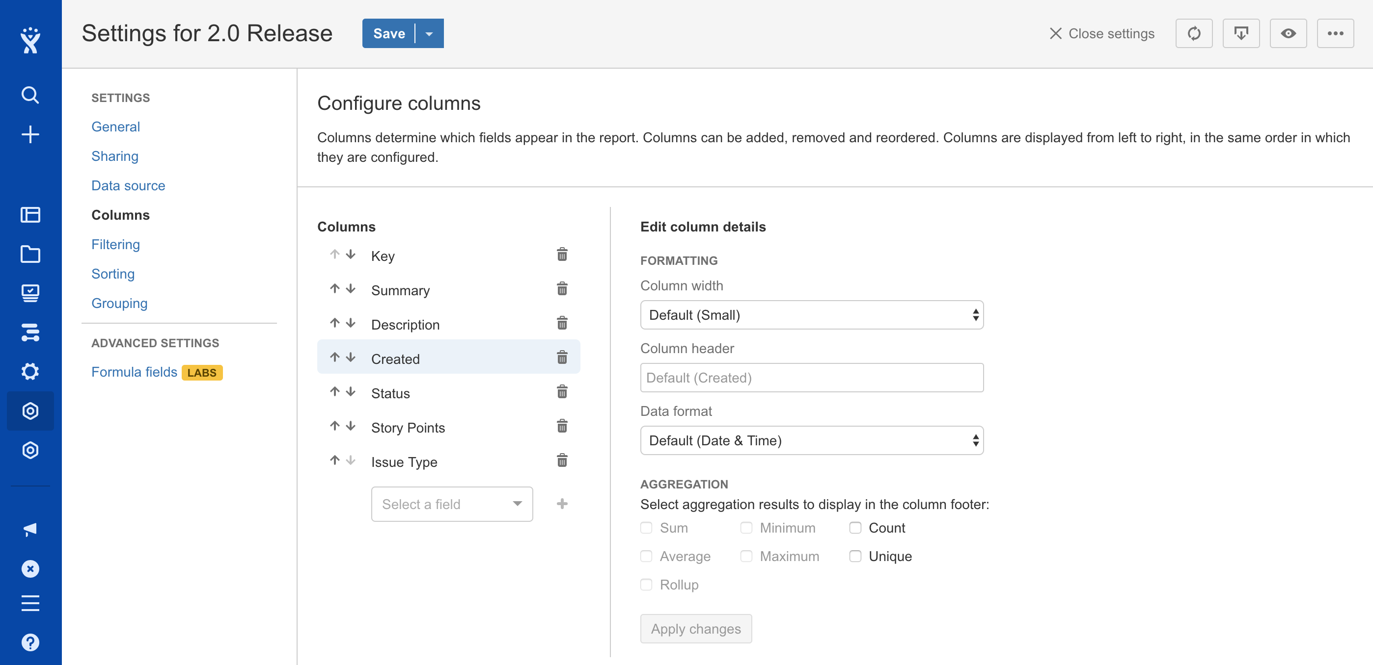 Column settings for a column with formatting options