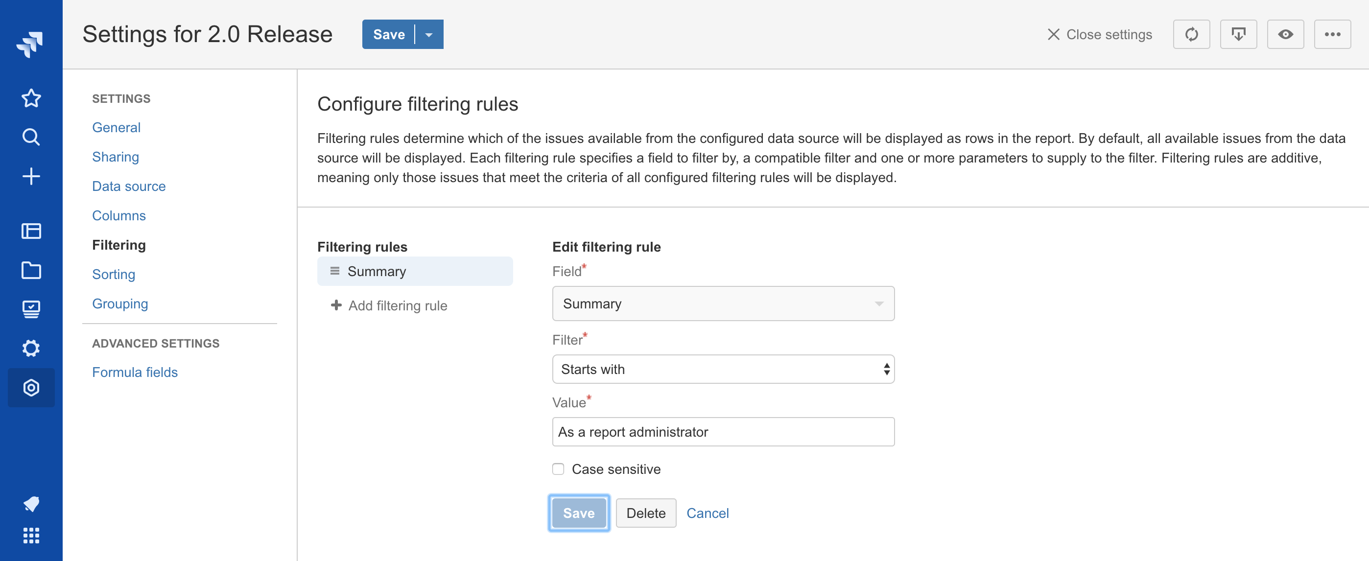 'Filtering rules' settings with a filtering rule being edited for a text field'