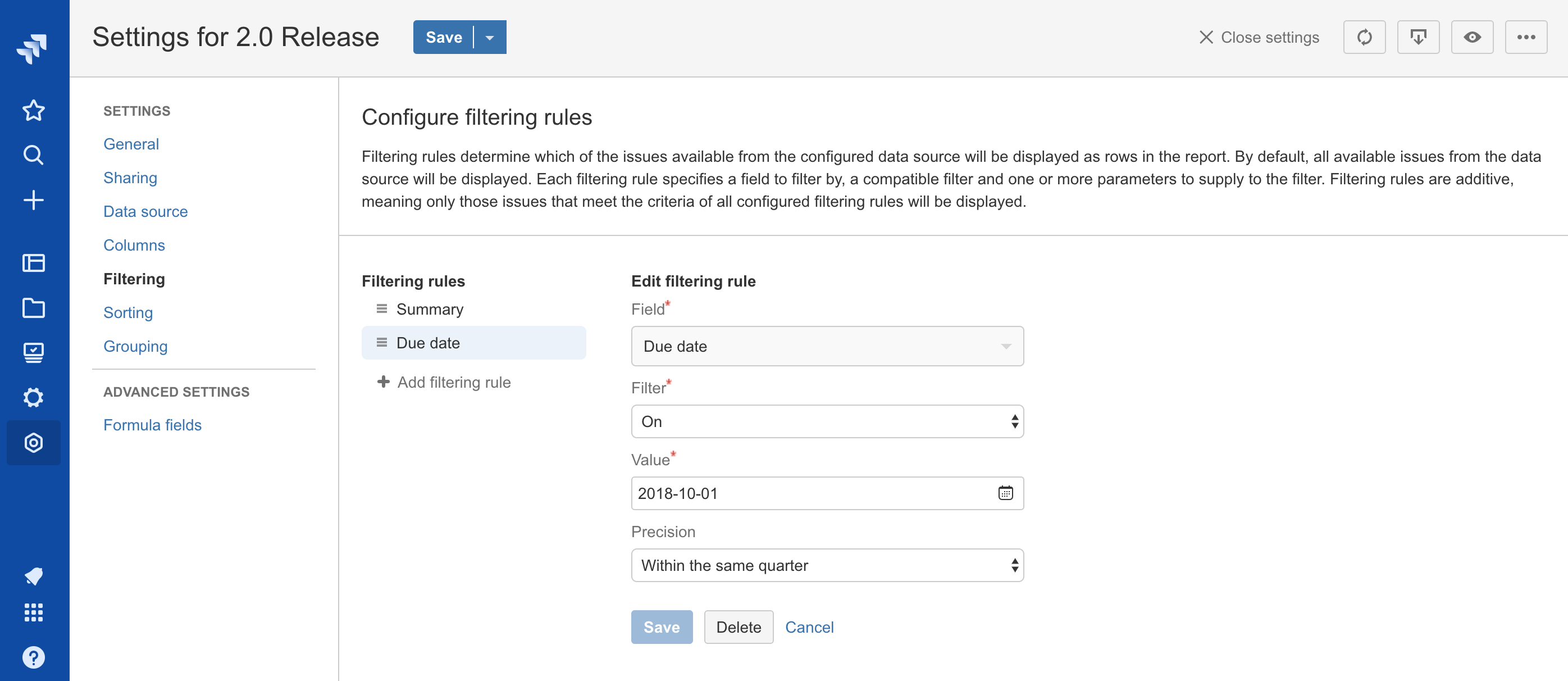 'Filtering rules' settings with a filtering rule being edited for a date field'