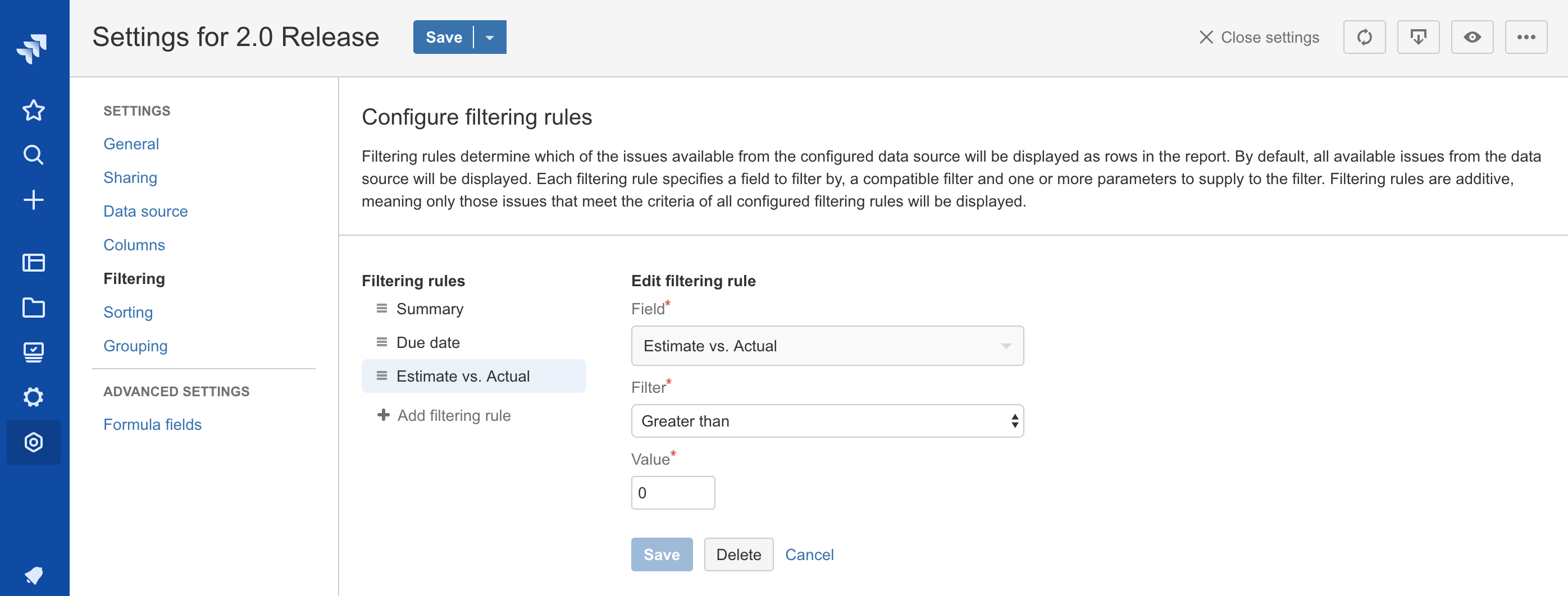 'Filtering rules' settings with a filtering rule being edited for a number field'