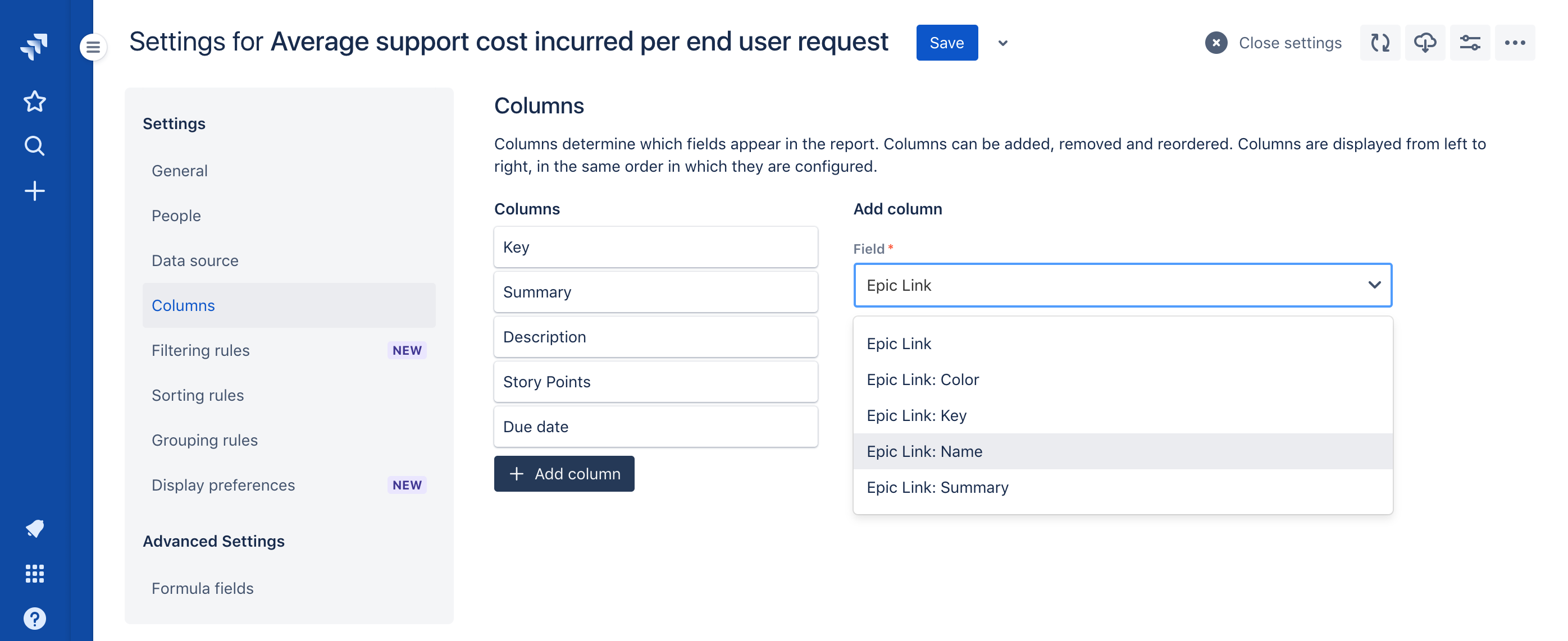 Column settings with the 'Field' menu open and an extracted field hovered