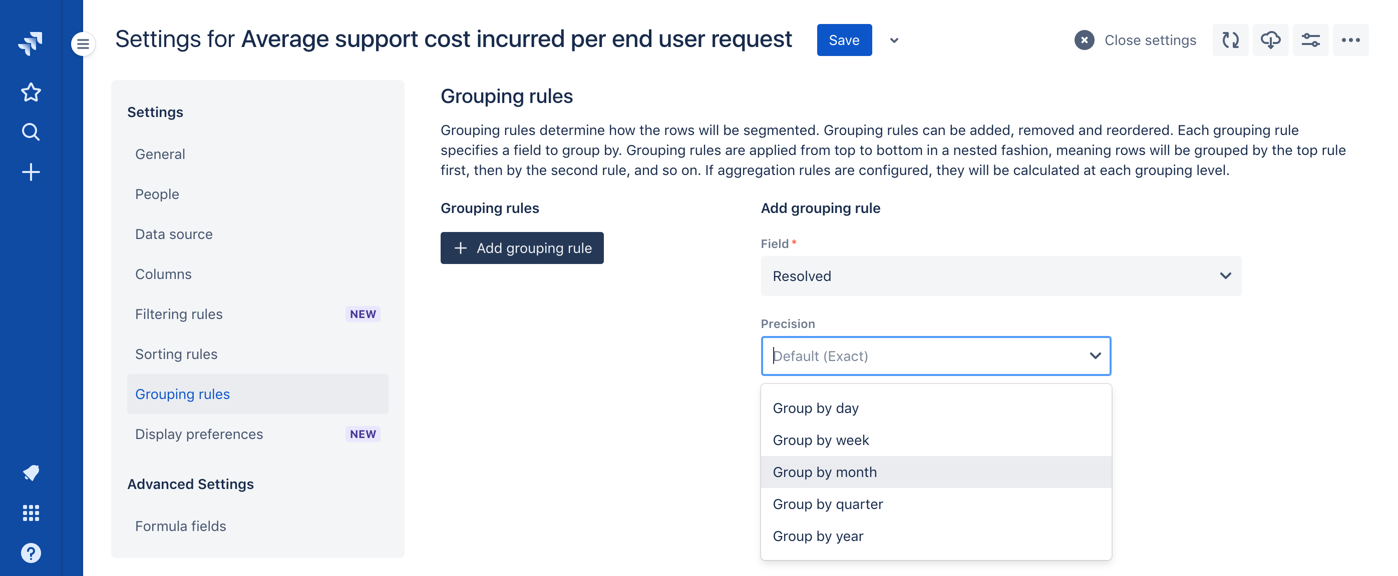 Grouping rule settings with the 'Precision' menu open and a precision option hovered