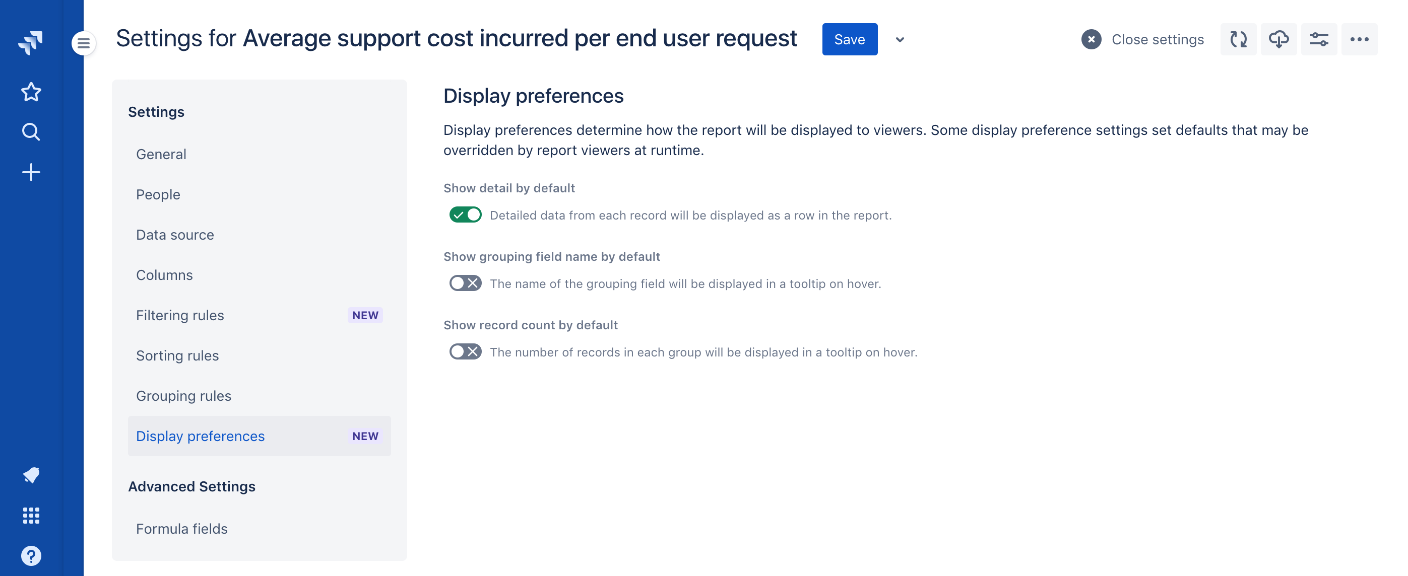 Display preferences settings with the 'Show detail' setting enabled