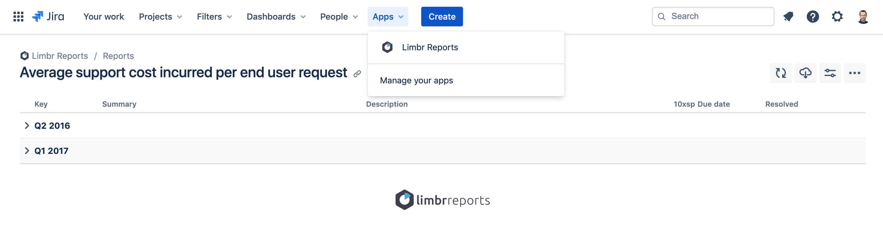 New Jira navigation with the Apps dropdown open and Limbr Reports selected