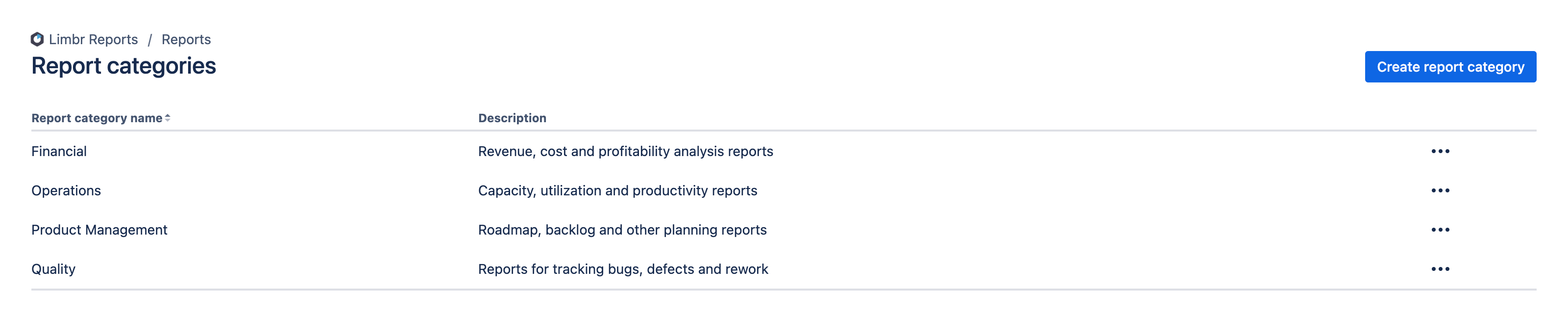 Report categories screen displaying a list of report categories