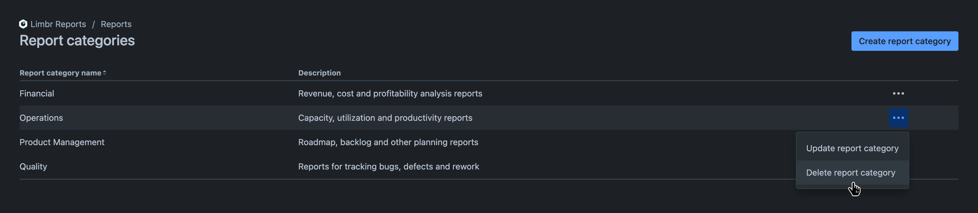 Report categories screen displaying a list of report categories with the 'More actions' menu open and the 'Delete report category' option hovered