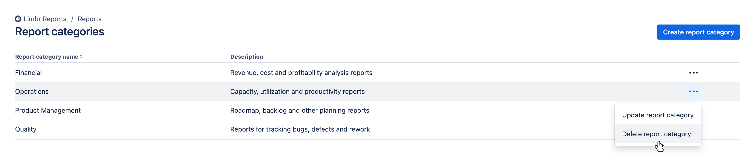 Report categories screen displaying a list of report categories with the 'More actions' menu open and the 'Delete report category' option hovered