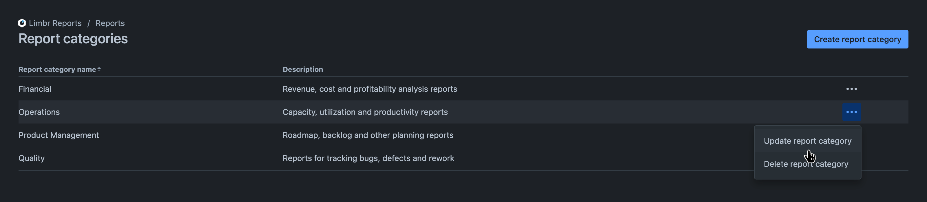 Report categories screen displaying a list of report categories with the 'More actions' menu open and the 'Update report category' option hovered