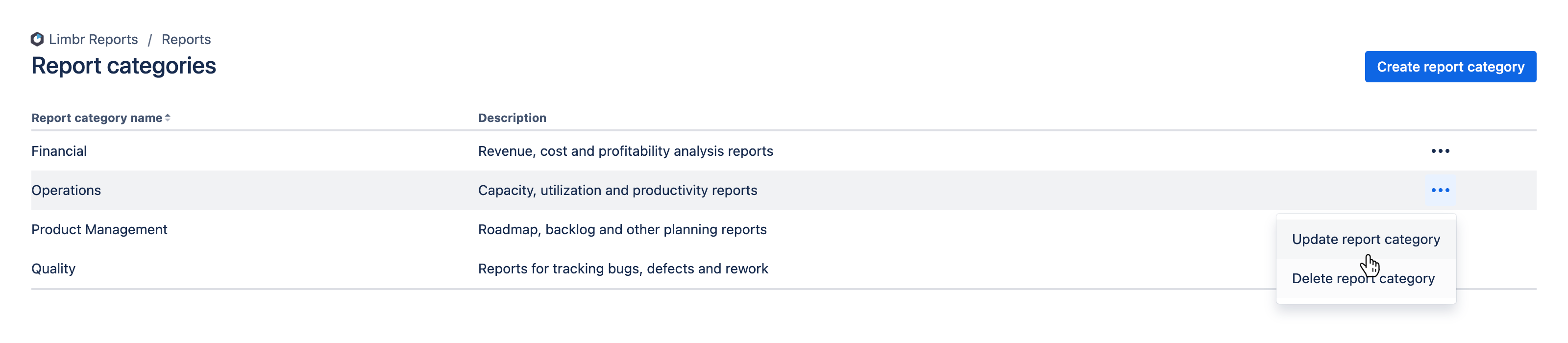 Report categories screen displaying a list of report categories with the 'More actions' menu open and the 'Update report category' option hovered