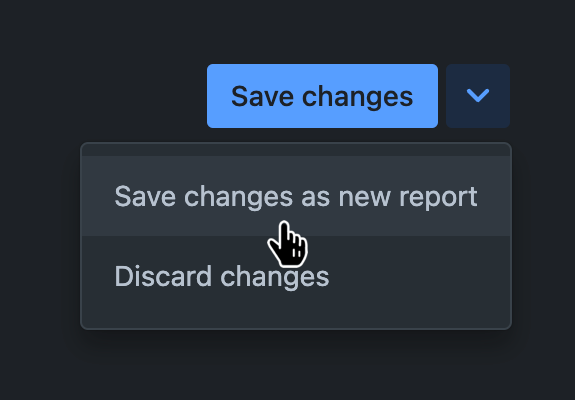 Report screen header in configuration mode with the 'Save as new report' button hovered