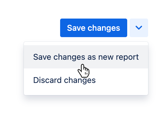 Report screen header in configuration mode with the 'Save as new report' button hovered