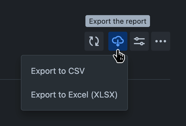 Report screen header with the 'Export the report' button hovered