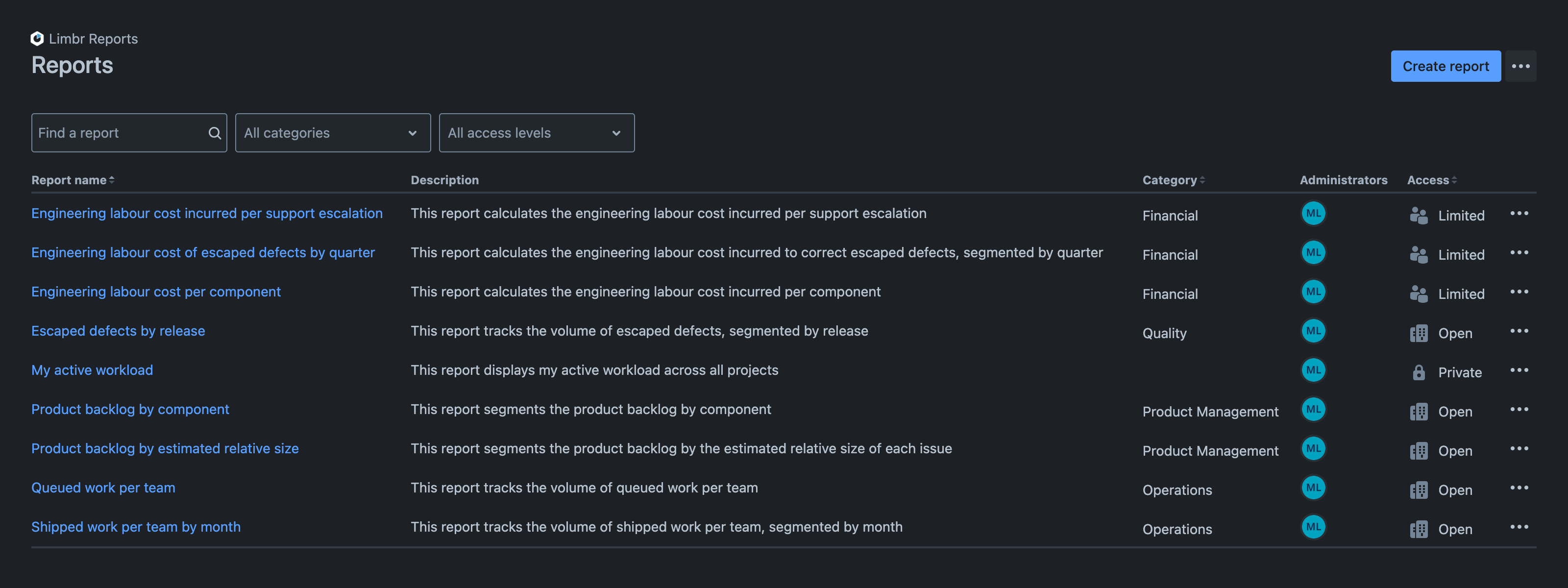 Reports screen displaying an unfiltered list of reports