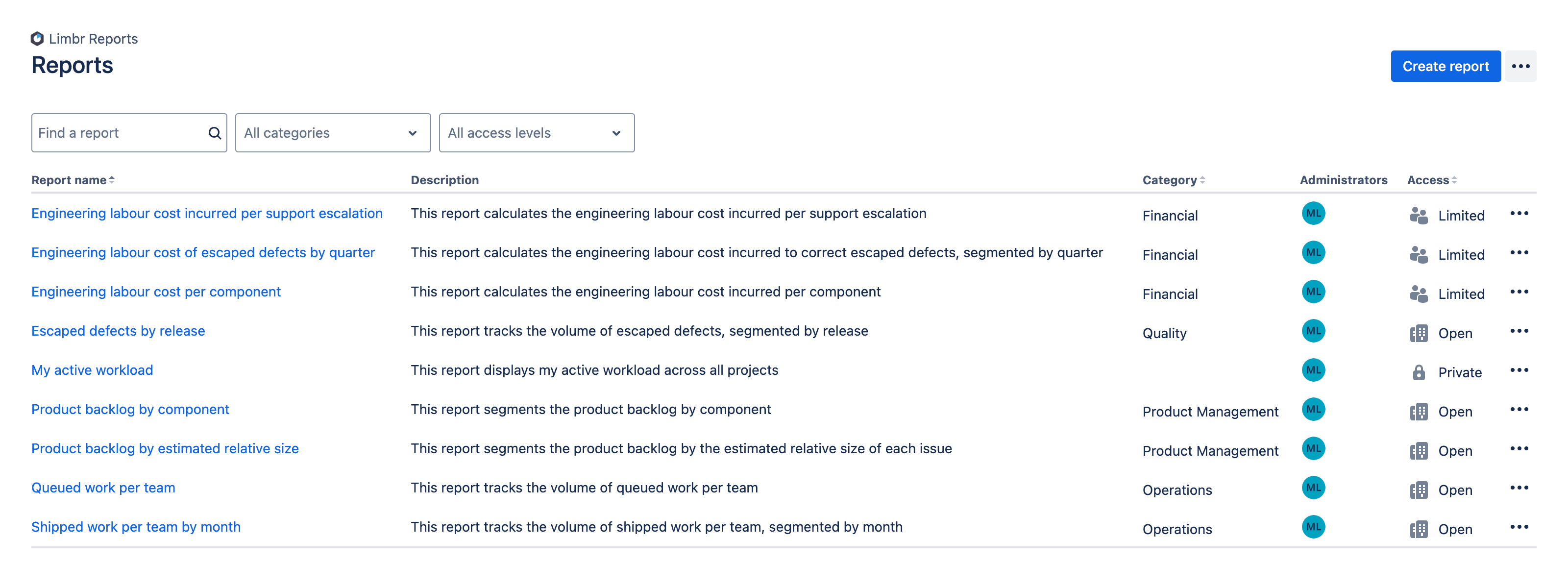 Reports screen displaying an unfiltered list of reports