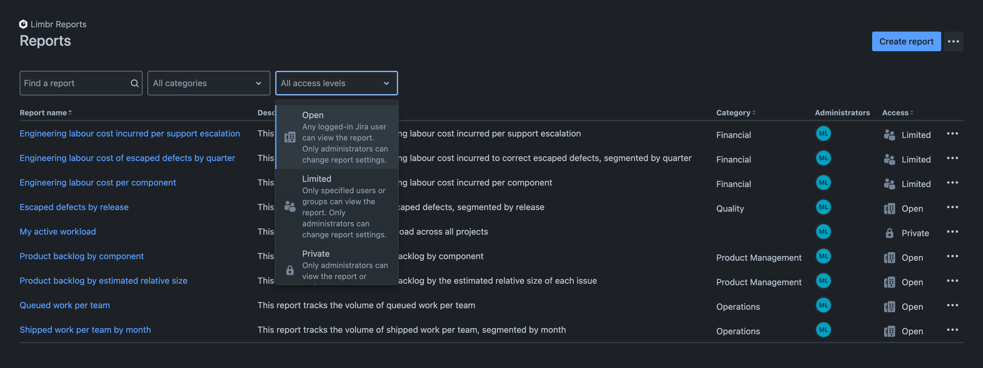 Reports screen displaying a list of reports with the access filter menu open