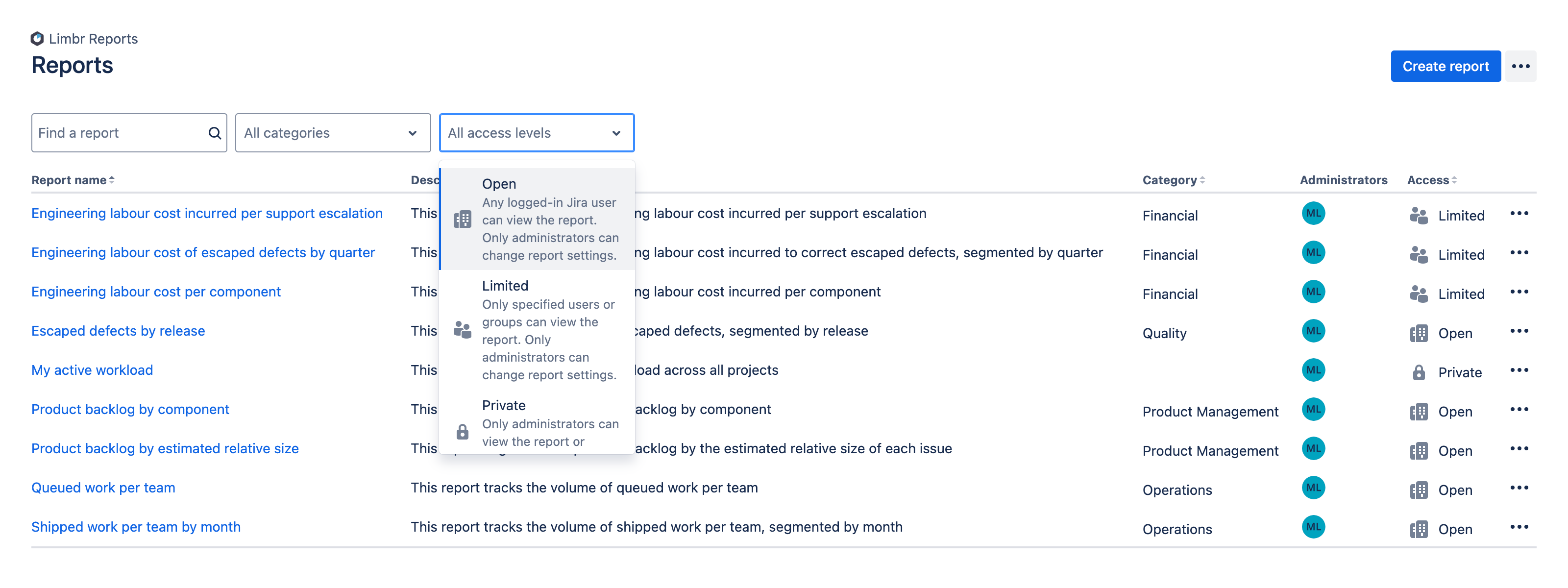 Reports screen displaying a list of reports with the access filter menu open